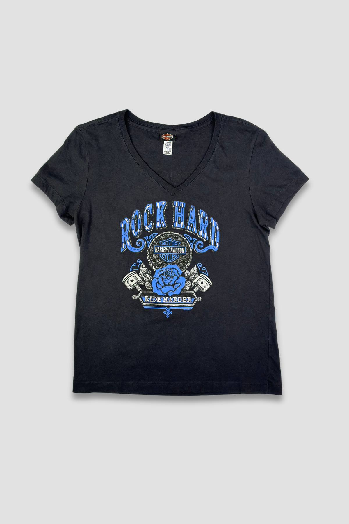 Harley Davidson "Rock Hard Ride Harder" Cotton V-Neck Graphic Tee