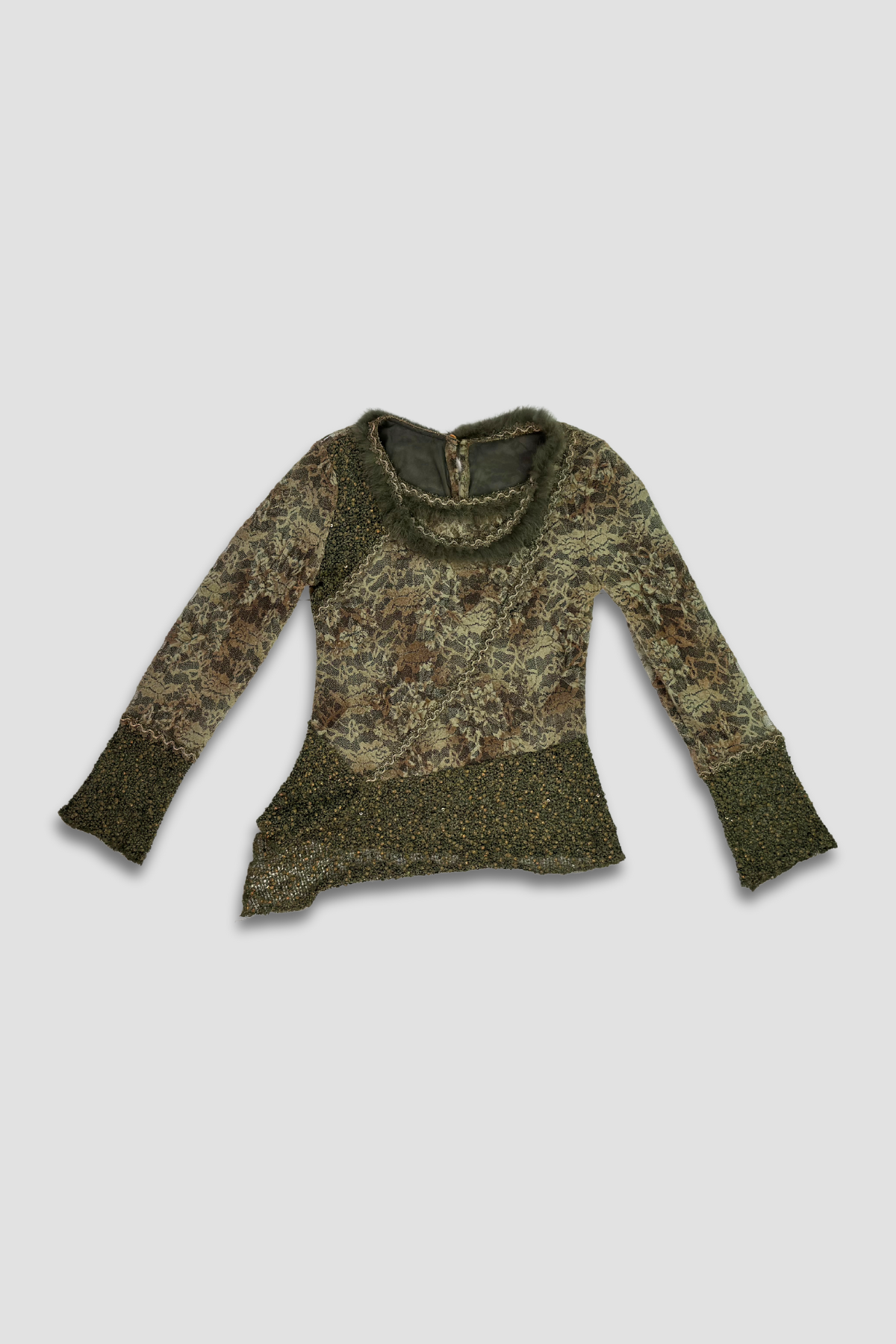 Lace Appliqué and Faux Fur Embellishment Long Sleeve Top