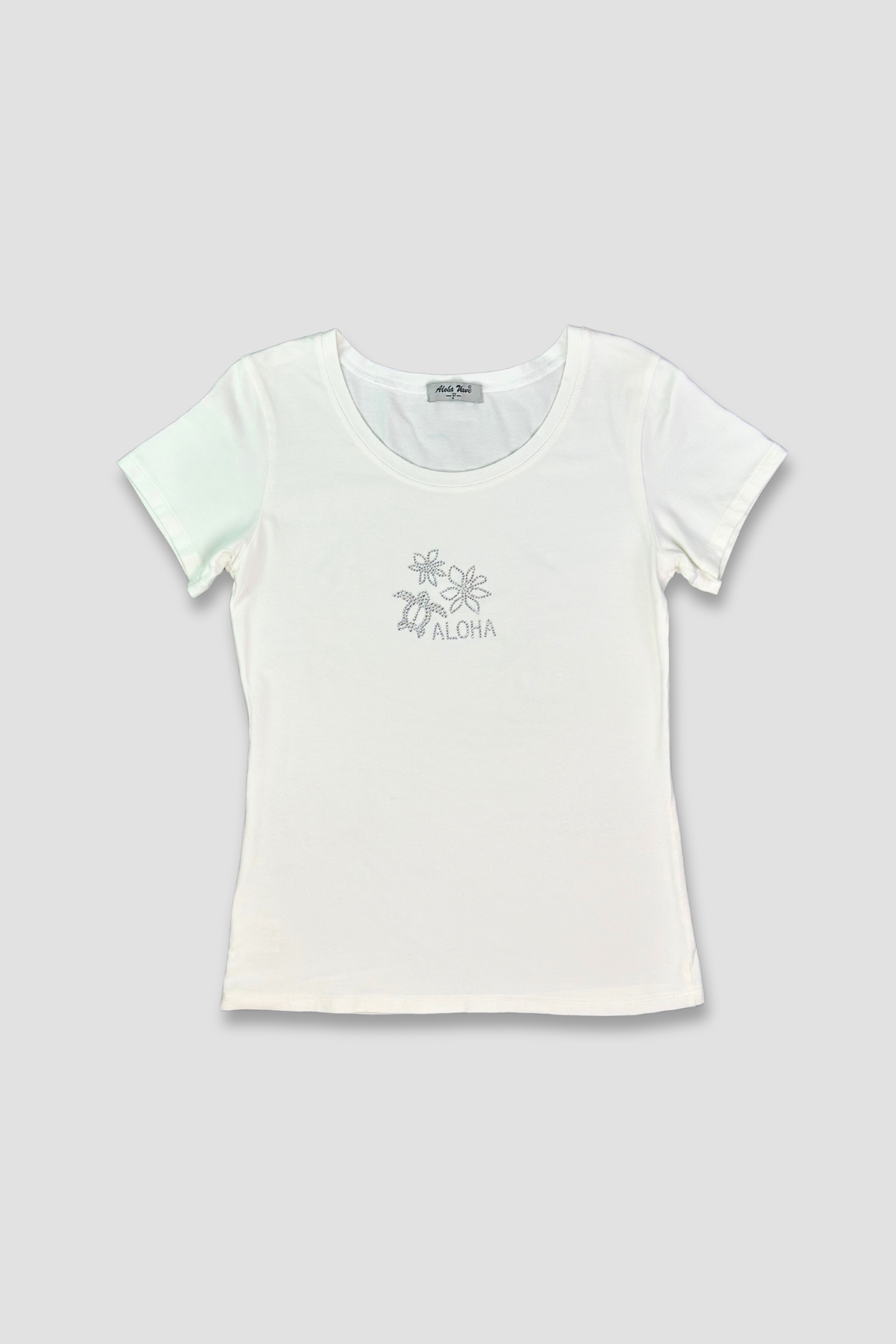 Aloha Wave Women's Rhinestone Round Neck White T-Shirt