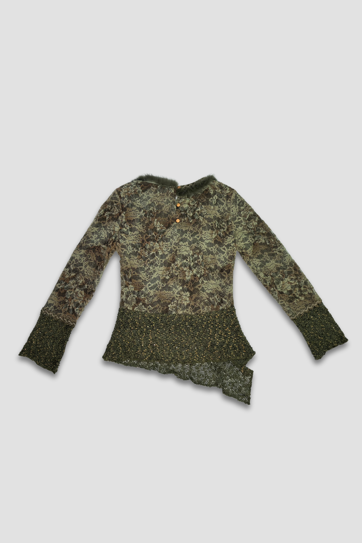 Lace Appliqué and Faux Fur Embellishment Long Sleeve Top