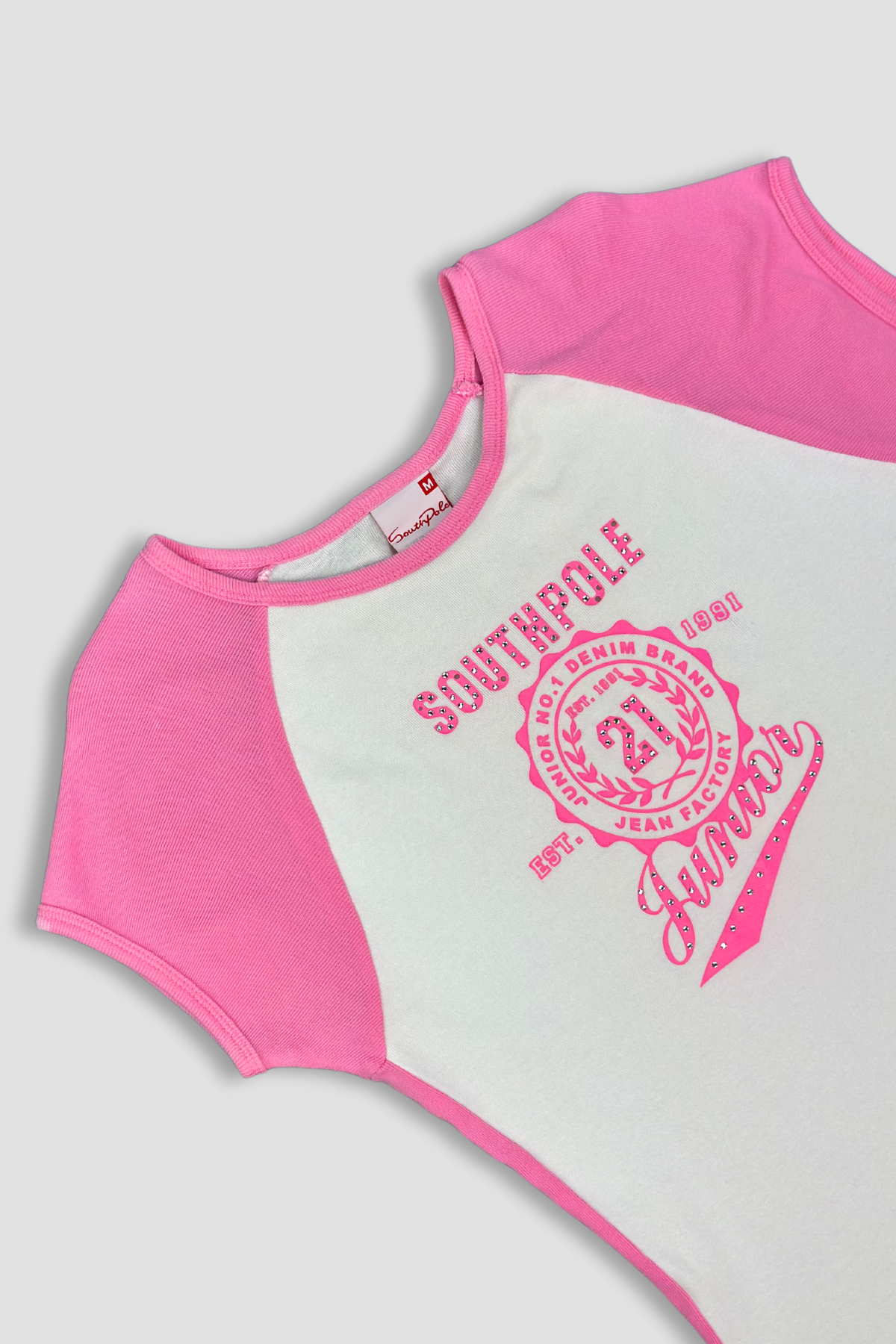 Southpole Women's White Pink Bedazzled Shortsleeve Shirt