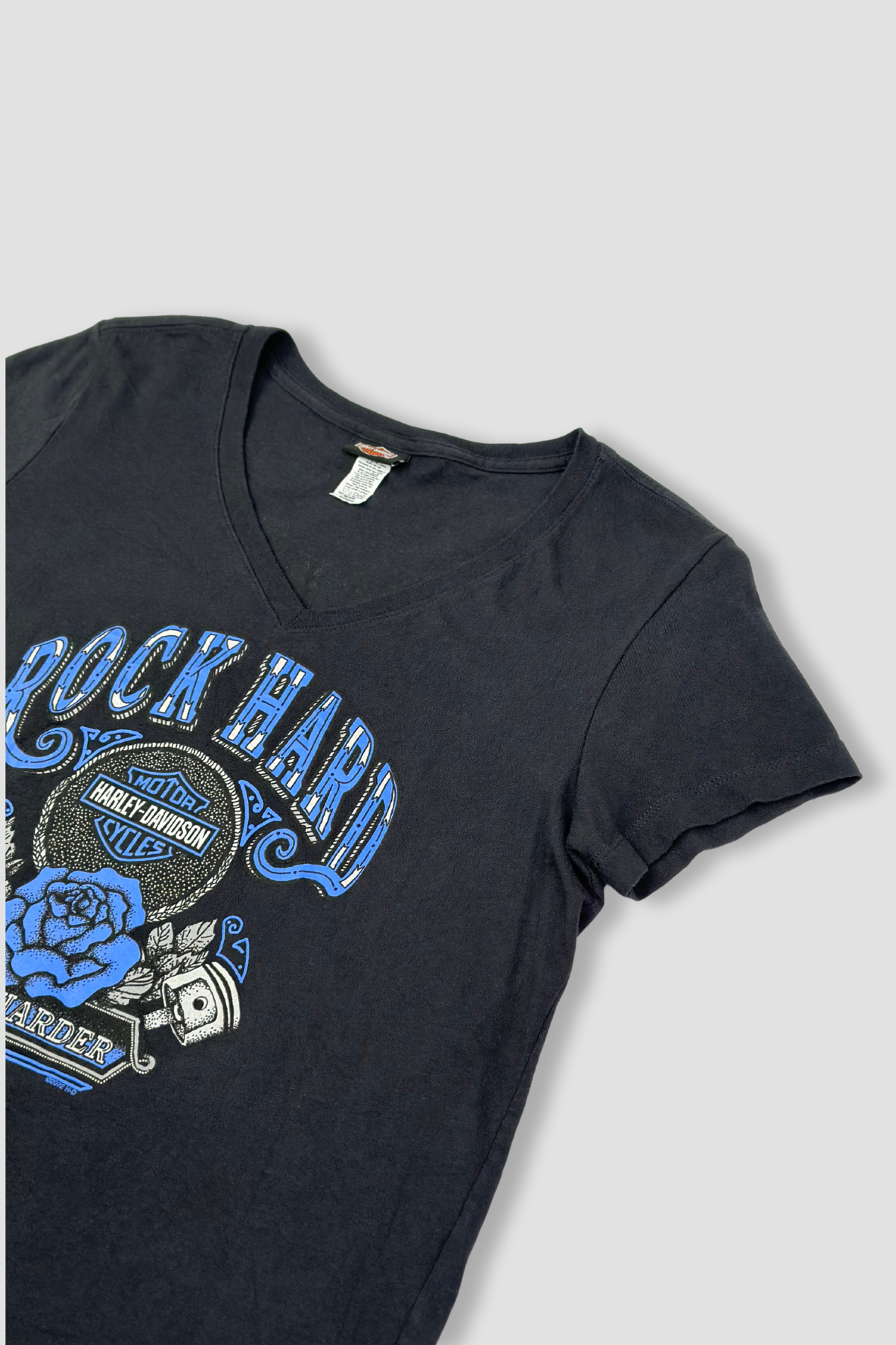 Harley Davidson "Rock Hard Ride Harder" Cotton V-Neck Graphic Tee