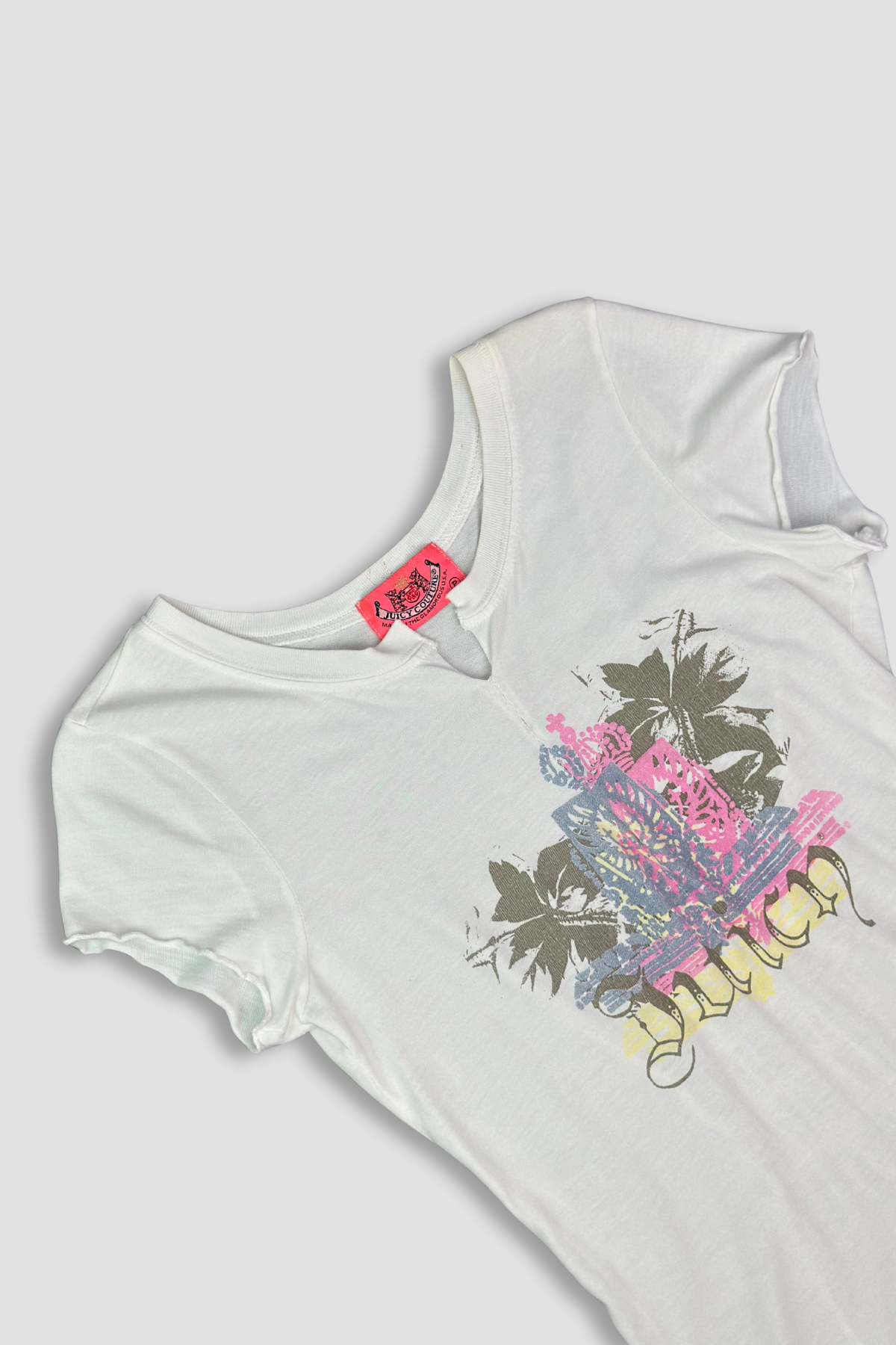 Juicy Couture Crew Neck V Cutout Cap Sleeve T-Shirt