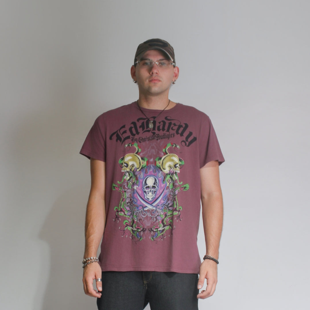 Ed Hardy by Christian Audigier Maroon Graphic T-Shirt