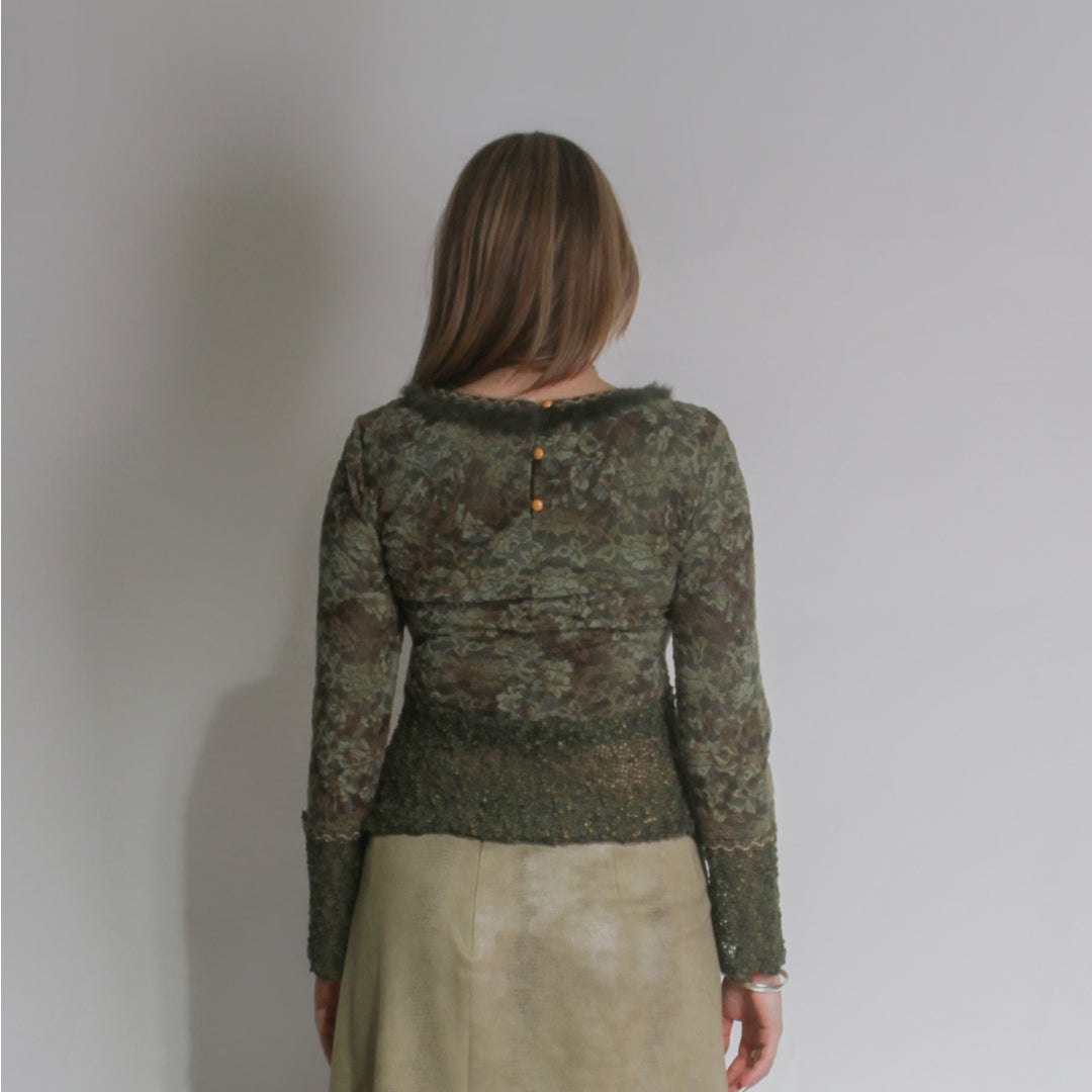 Lace Appliqué and Faux Fur Embellishment Long Sleeve Top